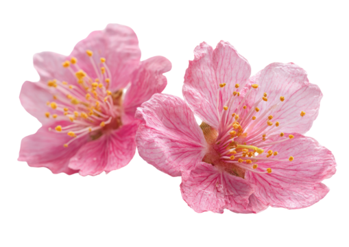 Close-up of two delicate, vibrant pink blossoms.  Soft petals, visible stamens, and a shallow depth of field