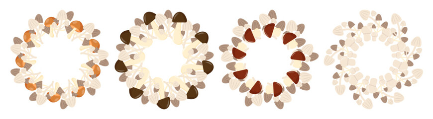 A collection of various mushrooms arranged in a circular pattern. The mushrooms display different colors and shapes, showcasing their natural diversity