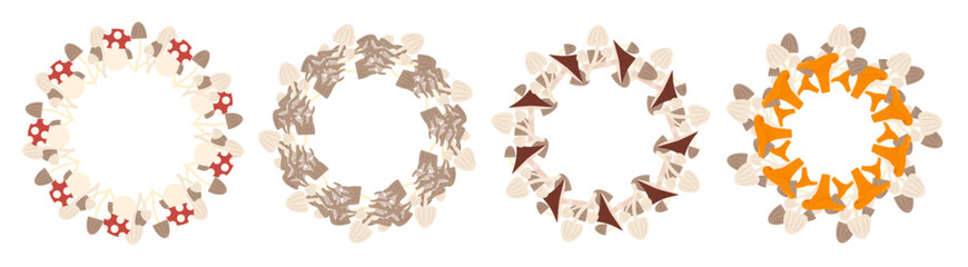 A collection of various mushrooms arranged in a circular pattern. The mushrooms display different colors and shapes, showcasing their natural diversity