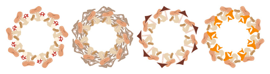 A collection of various mushrooms arranged in a circular pattern. The mushrooms display different colors and shapes, showcasing their natural diversity