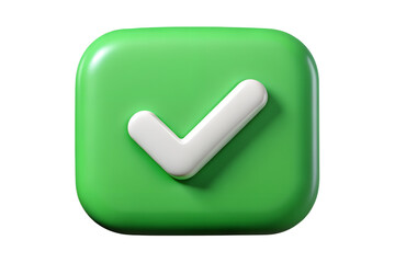 A 3d render of a green square button with a white checkmark symbol, representing confirmation or success, isolated on a transparent background