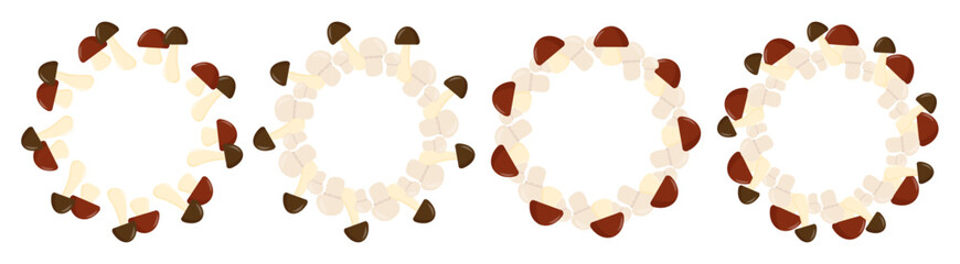 A collection of various mushrooms arranged in a circular pattern. The mushrooms display different colors and shapes, showcasing their natural diversity