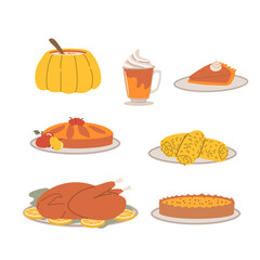 Thanksgiving feast with pumpkin soup, roast turkey, corns and desserts illustration. Vector thanksgiving dinners food hand drawn icons for party and invitation.