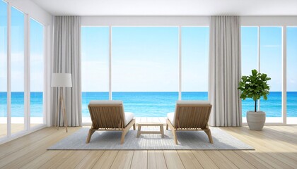 Naklejka premium Serene Coastal Interior: Beachfront Living Room with Ocean Views and Relaxing Ambiance