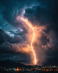 Lightning strike over cityscape at night dramatic sky with storm clouds and rain close up landscape view