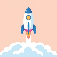 Cartoon rocket launch taking off with smoke and flames