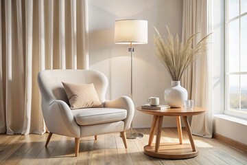 Cozy armchair by the window with a lamp and dried flowers