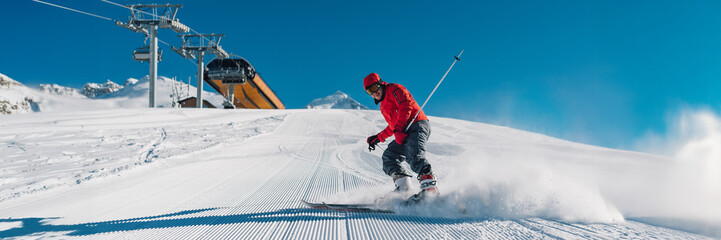 Skier on Groomed Slope Wide Banner