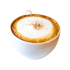 A delicious cup of hot coffee with white foam and a touch of brown cinnamon powder
