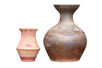 Ancient Ban Chiang Kingdom pottery jars and traditional ceramic pottery on white background.
