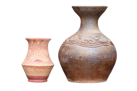 Ancient Ban Chiang Kingdom pottery jars and traditional ceramic pottery on white background.