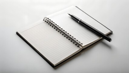 Open spiral notebook with black pen; minimalist, clean, professional workspace concept.