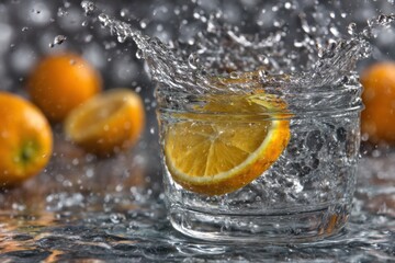 Orange slice splashing into glass of water in studio shot with fruit on table and water droplets