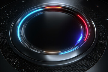 Abstract Futuristic Interface: Dark Metallic Circular Panel with Glowing Neon Blue and Red Rings.
