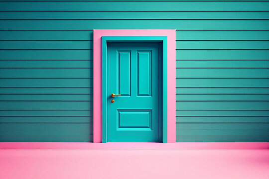 A modern and abstract interior with a vibrant teal door in the center, framed by a soft pink door jamb. The door is set against a horizontally paneled teal wall, with a matching pink floor. - Powered by Adobe