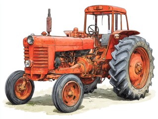 Orange Vintage Tractor Illustration on White Background Farm Equipment Agricultural Vehicle Machinery