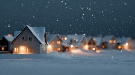 Fototapeta premium Cozy snow covered village at night with warmly lit houses creates serene winter scene. Snowflakes gently fall, enhancing peaceful atmosphere