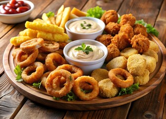 Delicious platter of fried appetizers with creamy dipping sauces
