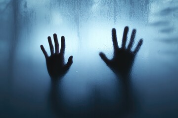 Two hands reaching through a frosted window