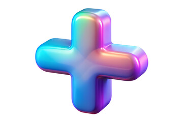 Glossy iridescent plus symbol isolated on transparent background, representing health, positivity, and benefits