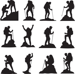 Obraz premium Twelve Silhouette Illustrations of Hikers with Backpacks and Trekking Poles on Rocks climbing mountain
