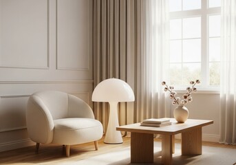 Cozy reading nook with armchair and natural light by the window. Living room with curved armchair and a lamp by a sunny window