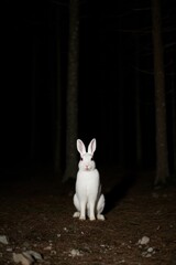 Albino Rabbit Sitting Alert in Dark Forest at Night Eye Level View Animal Wildlife Nature