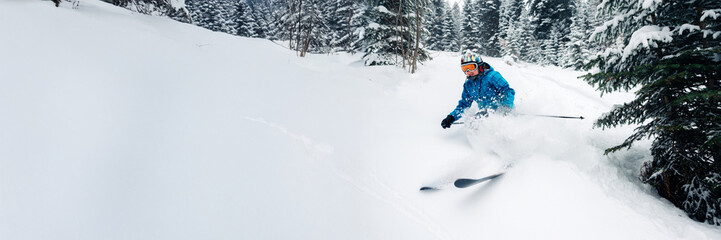 Skier in Blue Jacket on Snowy Slope Wide Banner