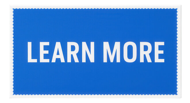 Blue tag sticker with LEARN MORE offer in bold font, informative retail promotion on transparent background.