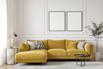 Fototapeta premium Elegant living room with a vibrant mustard yellow sofa and two empty picture frames