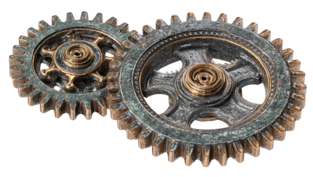 Close-up of two interlocking gears, dark greenish-gray and bronze colored, intricate details visible