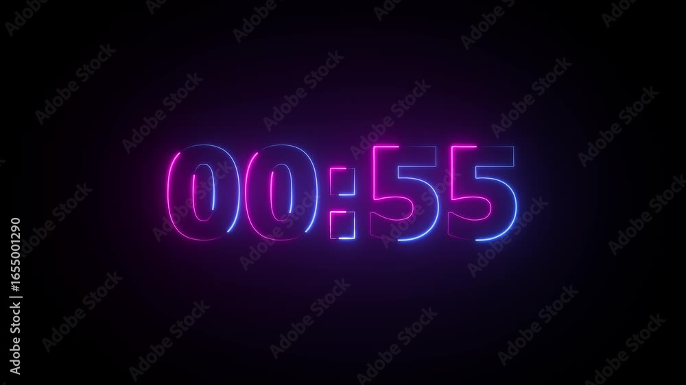 Poster technology 1 minute countdown timer animation .glowing neon 1 minute stopwatch , neon analog clock i