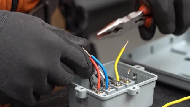 Close-up of worker&rsquo;s hands connecting colorful electric wires with pliers inside a junction box.