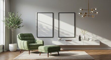 Modern living room with green armchair and ottoman featuring two vertical art frames