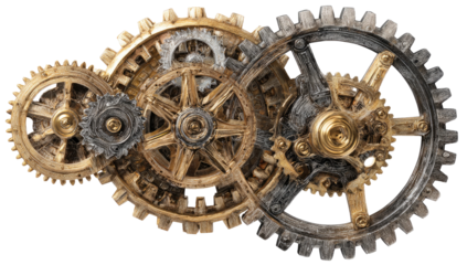 Interlocked gears of various sizes, gold and gray tones, intricate details