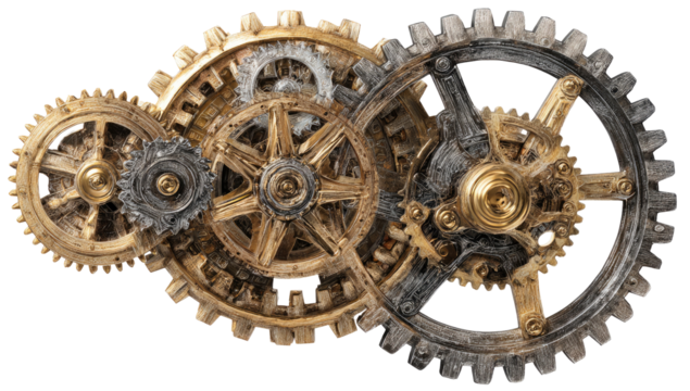 Interlocked gears of various sizes, gold and gray tones, intricate details