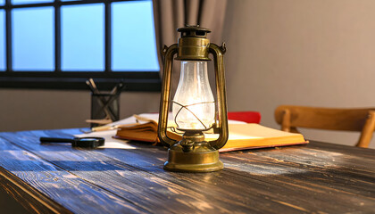 Antique Oil Lantern on Wooden Desk with Books and Magnifying Glass