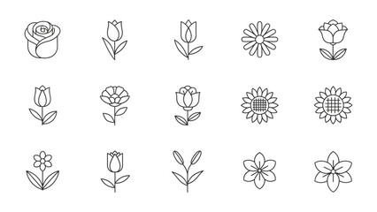 Floral Elements: A collection of delicate line art floral icons, perfect for adding a touch of elegance to designs. Showcasing a variety of flowers, including roses, tulips, and daisies.