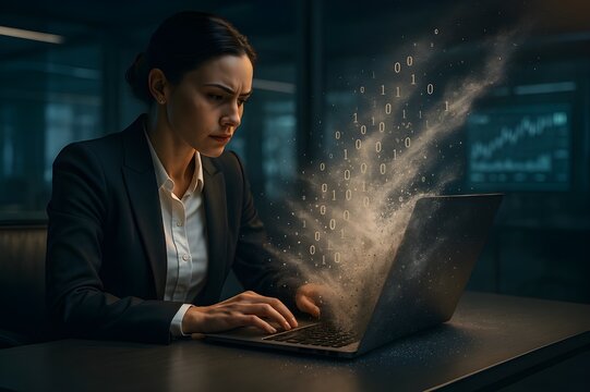 Businesswoman sitting at a desk, laptop exploding into clouds of binary code