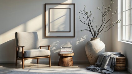 Scandinavian Interior With Wooden Chair and Large Ceramic Vase