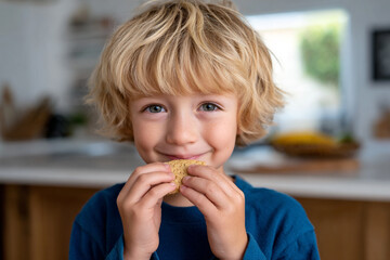 Happy Blond Boy Eating Cookie Snack Close Up Portrait Indoors