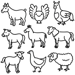 Charming collection of farm animals rendered in a simple, friendly line art style.