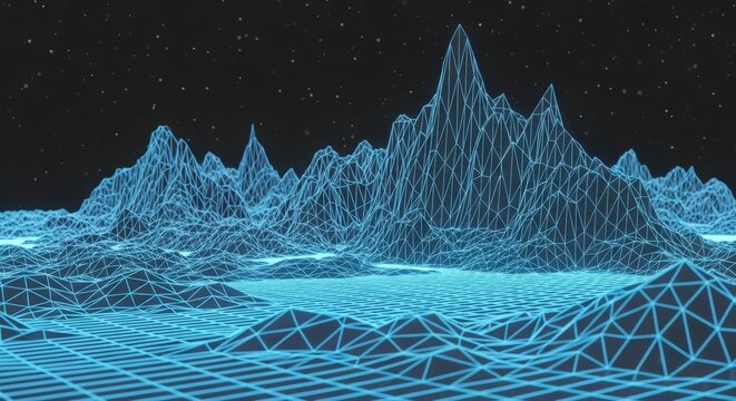 Neon wireframe landscape with starry night sky abstract