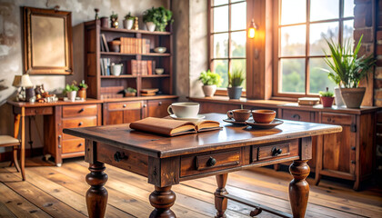 Sunlit Rustic Room Interior with Wooden Table and Books