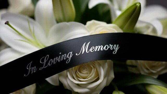 Elegant flower arrangement with "In Loving Memory" ribbon as a funeral flower display. Funeral flower bouquet includes white roses and lilies, expressing sympathy and condolences.