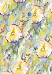 Watercolor Floral Seamless Pattern, Abstract Yellow Purple Bloom Repeat, Hand-painted Spring Flower Fabric, Gentle Artistic Floral Design, Impressionist Botanical Print.