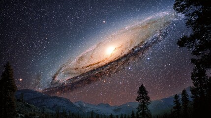 Fototapeta premium A stunning night sky displaying a distant galaxy, framed by silhouetted trees and mountains