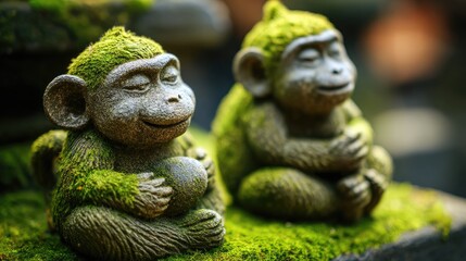 Two stone monkey figurines adorned with moss.