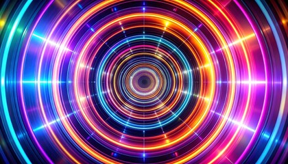 Glowing concentric circles in vibrant neon colors forming a dynamic, futuristic pattern.