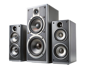 A set of three black speakers isolated on a transparent background